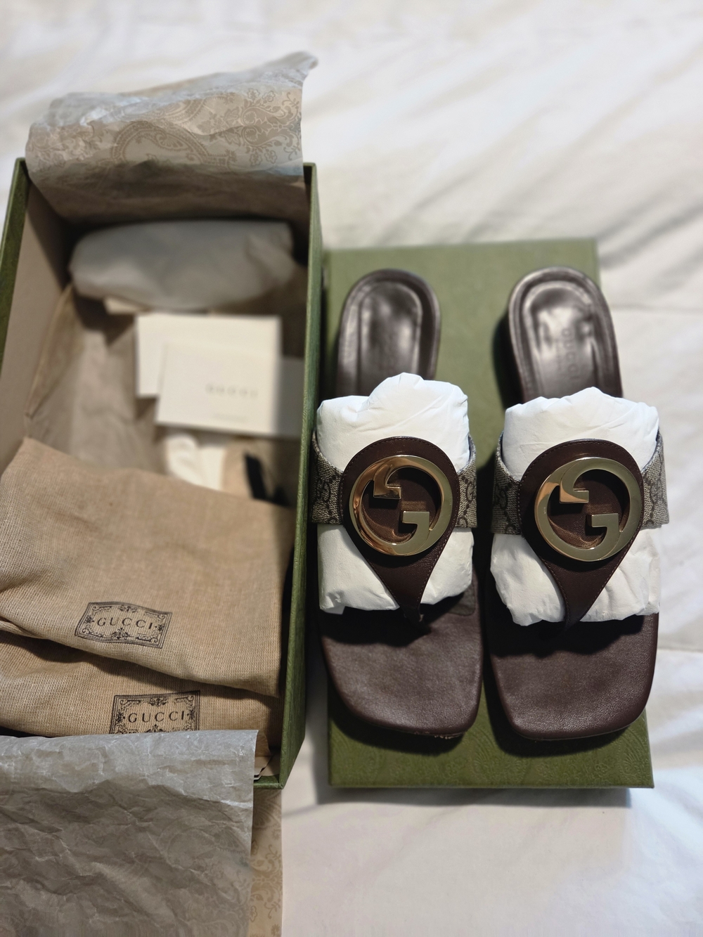 Gucci Brown Leather GG Logo Thong Mules